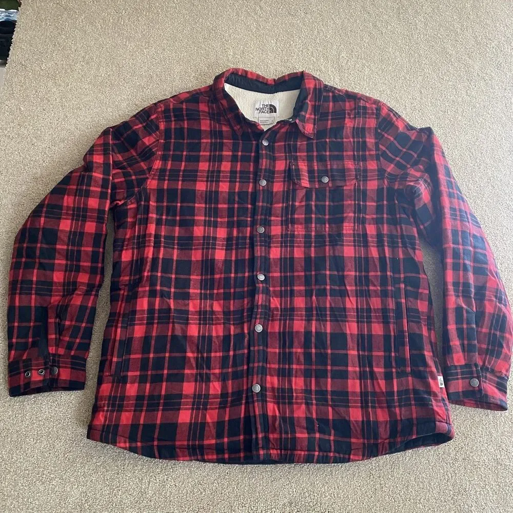 The North Face Jacket Mens XL Red Buffalo Plaid Sherpa Lined Snap Front